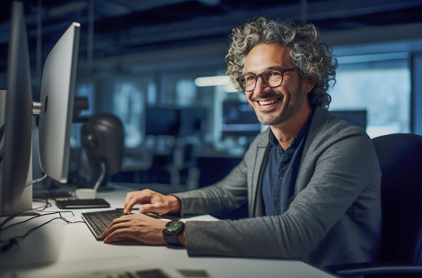 Curly-haired man sitting at desk full